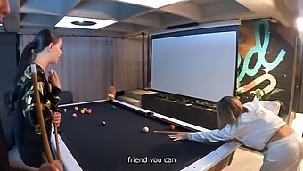 Two Bisexual Girls And A Guy In A Steamy Threesome On A Pool Table