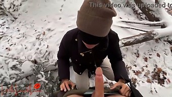 Luna, An Asian Woman, Gives A Blowjob In A Snowy Public Park, Narrowly Avoiding Being Seen!
